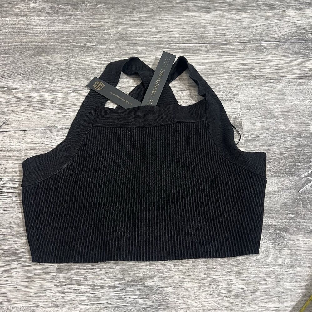 HOUSE OF HARLOW Revolve Black Cross Back‎ Crop Knit Top Ribbed Luxe NWT Medium